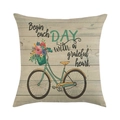 Housse de coussin en lin avec vélo vintage, fleurs colorées et citation inspirante - Vélo Vert Menthe avec Fleurs (1)