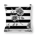 Housse de coussin classique à rayures noires et blanches avec motif de roses grises - 45x45 cm / Style Rose Niveaux de Gris à Rayures Noir et Blanc (5)