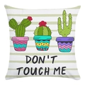 Detail of square cushion cover with cactus prints and Don't Touch Me text slogan - Striped Don't Touch Me Cactus (10)