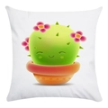 Detailed close-up of a cute green cartoon cactus print on a soft white square pillowcase - Healing Smile Cactus with Pink Flower (9)