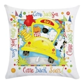 Funda de cojín blanca cuadrada con autobús escolar, animales y texto Come Back Soon - Estilo Vuelve Pronto Autobús (3) / 45x45 cm