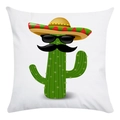 Housse de coussin cactus dessin animé avec sombrero mexicain et moustache sur blanc - Style Cactus à Chapeau Mexicain (2)