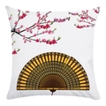 Close-up of soft pillowcase featuring peach blossoms and a golden fan on white background - Classical Fan and Peach (16) / 18x18 Inch
