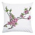 Close-up of pink peach blossom and bird pattern on soft white decorative pillowcase - Painted Cherry Branch Pattern (14) / 18x18 Inch