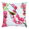 Detailed close-up of peach blossoms and bird print on soft square pillowcase cover - Dense Flowers and Bird (12) / 18x18 Inch