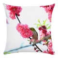 Macro detail of soft pillowcase featuring peach blossom and green bird digital print - Cherry Blossom Kingfisher Pattern (8) / 18x18 Inch