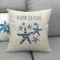 Square beige linen pillowcase with blue starfish design and Vitamin Sea Please text - Starfish Style (5)