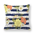 Housse de coussin carrée avec rayures bleu marine et motif floral coloré sur blanc - 45x45 cm / Style Floral Frais à Rayures Bleu Foncé (9)