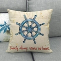 Nautical throw pillow cover with blue ship wheel and Family Always Steers Me Home text - Steering Wheel Style