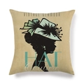 Close-up of vintage lady silhouette and turquoise hat print on beige linen pillowcase - Pink Flower Mesh Style (2)