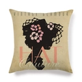 Minimalist linen throw pillow cover featuring vintage female silhouette and floral design - Blue Flower Hat Style (3)