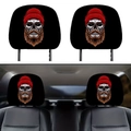 Set of 2 skull snowman car headrest covers with red hat and sunglasses on black fabric - Beanie Skull (Style 14)
