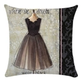 Macro shot of the linen textured pillowcase featuring vintage dress sketch and black dress print - Black Gown Tailoring Sketch Illustration (10)
