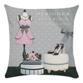 Detail of soft square pillowcase featuring vintage fashion dress and shoe patterns - Pink Tailor Mannequin Geometric Background (8)