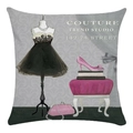 Detail of square pillowcase featuring black couture dress and pink accessories illustration - Black Puffy Dress And Pink Handbag (7)