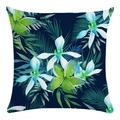 Detail of floral and green leaf patterns on tropical navy blue throw pillow cover - 18x18 Inch / Deep Blue Base Orchid Palm Leaves (18)