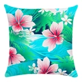 Detail of floral pillow case showing tropical pink hibiscus flowers and green palm leaves - 18x18 Inch / Gradient Blue Pink Hibiscus Beach (11)