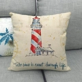 Square nautical pillow cover featuring a red lighthouse design on beige linen fabric - Lighthouse Style