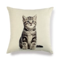 Texture détaillée du lin de la housse de coussin avec imprimé réaliste de chat gris - Carré / Style Chaton Tigré Yeux Intelligents (7)