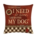 Vintage style square linen cushion cover featuring dog theme text and bone pattern - Everything I Need to Know Quote Style (1)