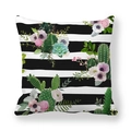 Housse de coussin florale avec rayures noires et blanches et motifs de plantes succulentes - 45x45 cm / Style Floral Succulente à Rayures Noir et Blanc (14)