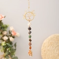 Seven Chakra Tree of Life suncatcher featuring natural raw stones and gold wire weaving - Golden Tree Chakra Stone Woven
