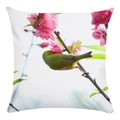 Square soft pillow cover featuring a bird and pink peach blossoms on a white background - Bird Nature Photo Pattern (4) / 18x18 Inch