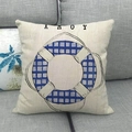 Minimalist linen throw pillow cover with blue nautical lifebuoy and AHOY print - Plaid Lifebuoy Style