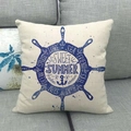Linen decorative nautical pillow cover with blue ship wheel print on grey sofa - 18x18 Inch / Navy Blue Steering Wheel Style (1)