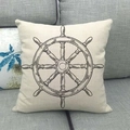 Linen nautical cushion cover with vintage black ship wheel print on grey sofa - 18x18 Inch / Vintage Black Steering Wheel Style (2)