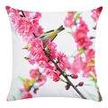 Square pillowcase featuring vibrant pink peach blossoms and a yellow-green bird pattern - Plum Blossom and Bird Pattern (6) / 18x18 Inch