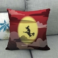 Detailed view of linen cushion cover showing witch flying over moon and red sunset clouds - Witch Flying Over Moon Silhouette Style (8)