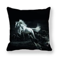 Black cushion cover featuring a white horse fighting wolves on soft peach skin fabric - Realistic White Horse Fighting Wolves (27)