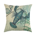 Kissenhülle mit blauem Hummer- und Meeresmotive-Druck auf beigem Leinenstoff - Hummer Muschel Koralle Illustration (10) / 45x45 cm / Leinen