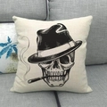 Detail of linen cushion cover with black skull smoking cigar in vintage style - Gentleman Hat Skull with Cigar Style