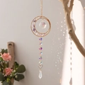 Golden moon suncatcher with purple natural crystals and rainbow prism hanging on a branch - Yuwei's Love (Purple)