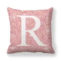 Housse de coussin pailletée rose avec une grande lettre R majuscule blanche - 45x45 cm / Lettre R