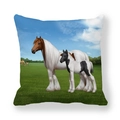 Running horses on green meadow printed peach skin fabric square cushion cover - Realistic Mother And Foal Horses (24)
