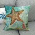 Federa per cuscino quadrata a tema oceanico con stella marina arancione e acquerello blu - 45x45 cm / Stella di Mare Gigante Arancione Marrone (9)