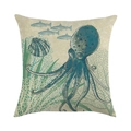 Kissenbezug aus Leinen mit blauem Oktopus-Print, Korallen und Muscheln auf Beigewebe - Blaugrüner Oktopus Fisch Muschel (13) / 45x45 cm / Leinen