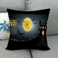 Detail of Halloween pillow case with yellow moon and castle print on linen fabric - Black Moon Castle Pumpkin (14)