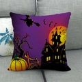 Close-up of linen Halloween pillowcase with witch silhouette and pumpkin on a gray sofa - Flying Witch Purple Night (16)