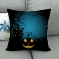 Detail of Halloween linen pillowcase featuring silhouettes of spooky castle and lit pumpkins - Dark Blue Castle Jack-o'-lantern (17)