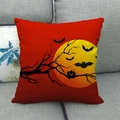 Close-up of linen Halloween pillowcase with full moon and pumpkin on a gray sofa - Red Full Moon Pumpkin (18)