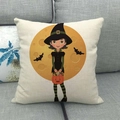 Linnen Halloween kussensloop met schattige heks illustratie en pompoen ontwerp - Cartoon Heks Met Mand Stijl (1)