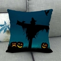 Detailed texture of linen Halloween pillow cover with scarecrow and pumpkin silhouette - Dark Blue Gradient Scarecrow (20)