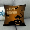 Detail eines Halloween Kissenbezugs aus Leinen mit Aufdruck, schwarzer Katze und Kürbissen - Schwarze Katze Kürbis Happy Halloween (4)