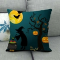 Detail of Halloween linen pillowcase featuring witch silhouette, moon, and bats on a sofa - Witch Brewing Pumpkin Tree (10)