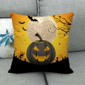 Halloween linen pillowcase with black pumpkin lantern and moonlit graveyard scene - 45x45cm / Black Pumpkin Zombie Style (13)