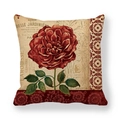 Close-up of vintage red rose print on linen cushion cover with French typography - 45x45cm / Red Rose Style (Ym005-1)